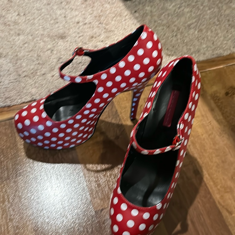 Red and white polka-dot Bordello Teese heels